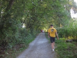 A marauding horde of joggers approach! Jeff wisely moves to the side.