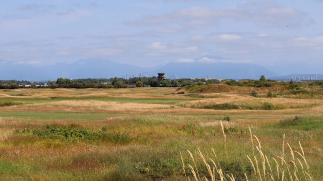 Colours and textures of nearby golf course and fields, with Boundary Bay Airport tower in the distance Colours and textures of nearby golf course and fields, with Boundary Bay Airport tower in the distance