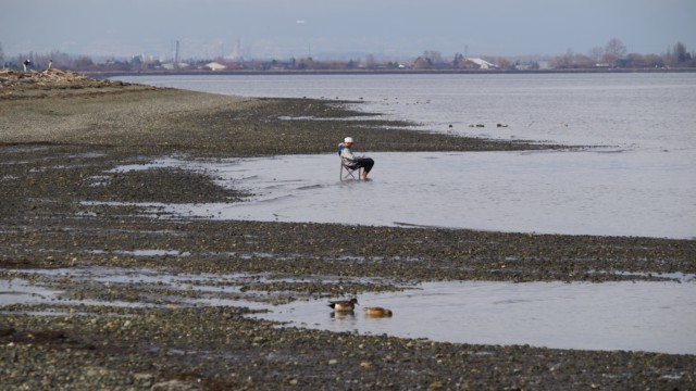 A man sitting in a lawn chair in low tide, as one does A man sitting in a lawn chair in low tide