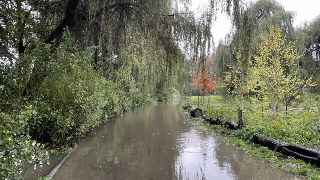 The paved trail by the Brunette River in Lower Hume Park, now a canal.