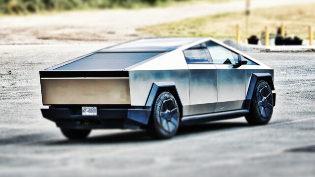 A Cybertruck, with extensive photo enhancement to bring out the natural beauty.