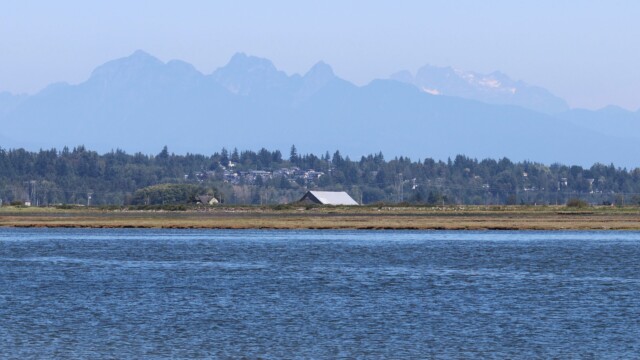 Looking out from Blackie Spit, smoke haze in the distance.